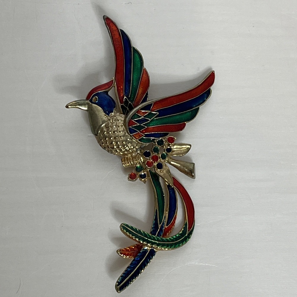 Vintage Novelty Bird Of Paradise Red, Blue & Green Enameled Brooch Pin